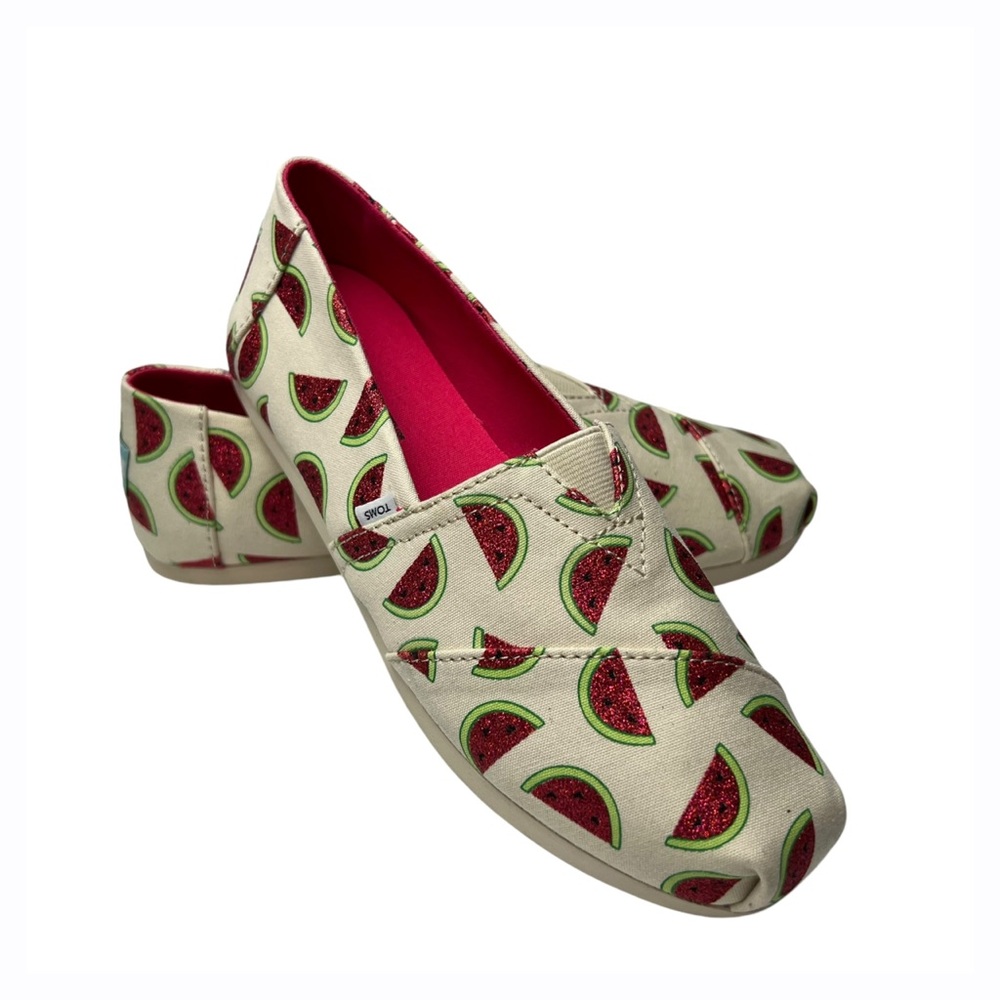 TOMS‎ Womens 7 Alpargata Cream & Red Glitter Watermelon Accent Slip On Flats